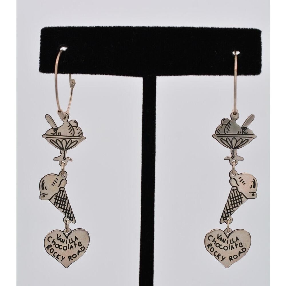 Vintage Ice Cream Dangle Earrings Cone Sundae Flavors Silver Tone 1990s BinAF